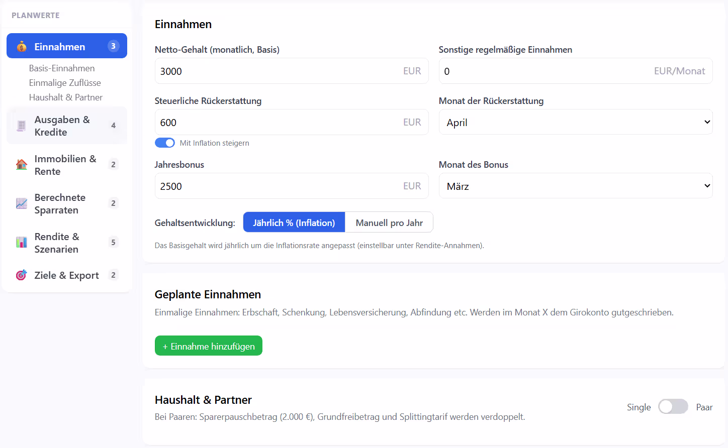 Finanz-Dashboard: Finanzplan (Einnahmen und Ausgaben)